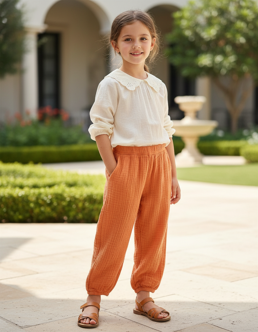 Pantalon En Lin Orange Harem Coton Respirant Enfant