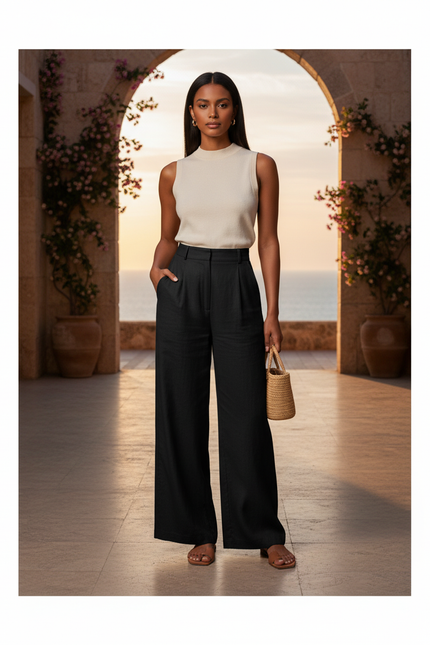 Pantalon En Lin Noir Ample Décontracté Fluide Chic