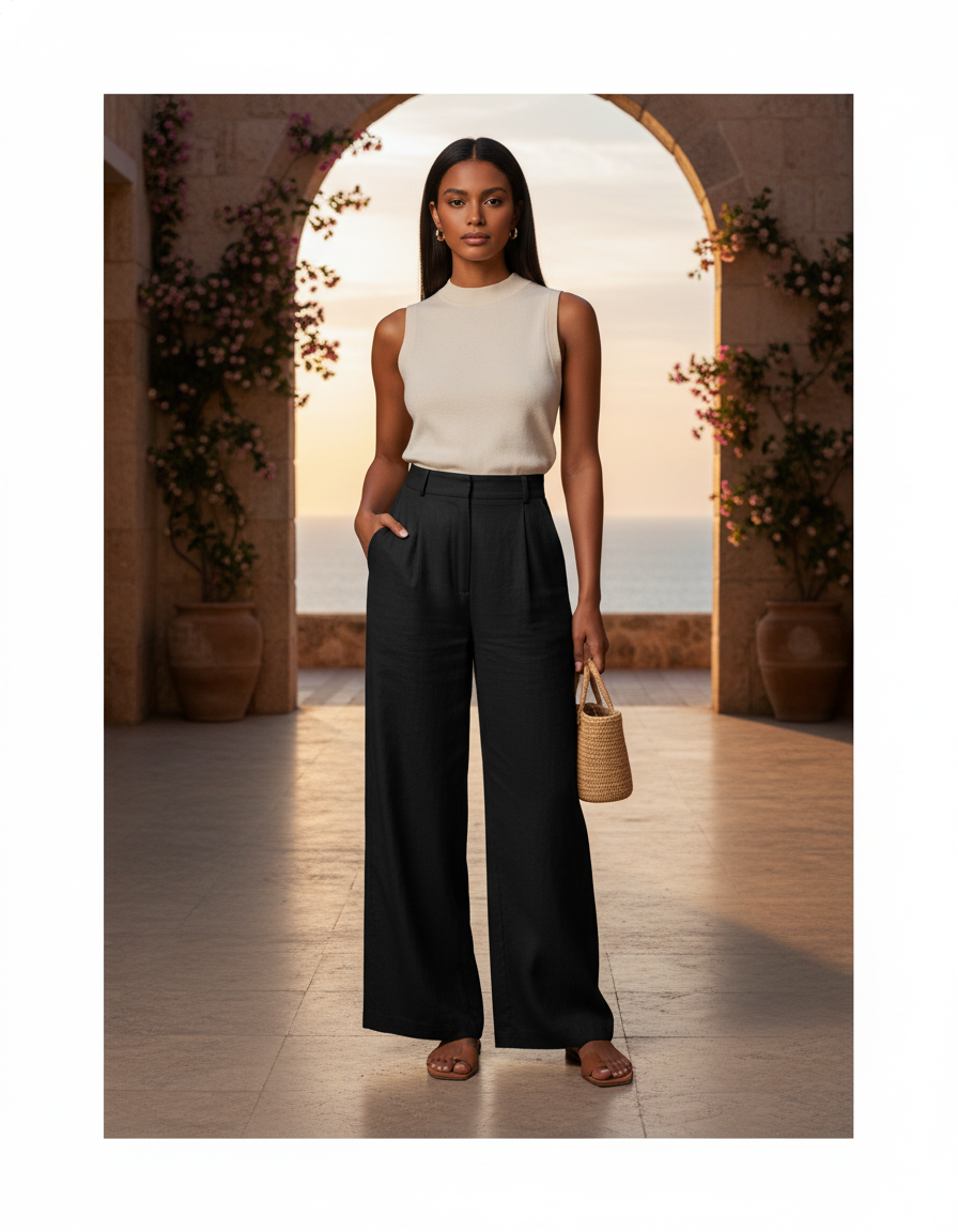 Pantalon En Lin Noir Ample Décontracté Fluide Chic