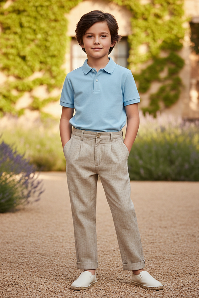 Pantalon En Lin Beige Rayé Élégant Garçon