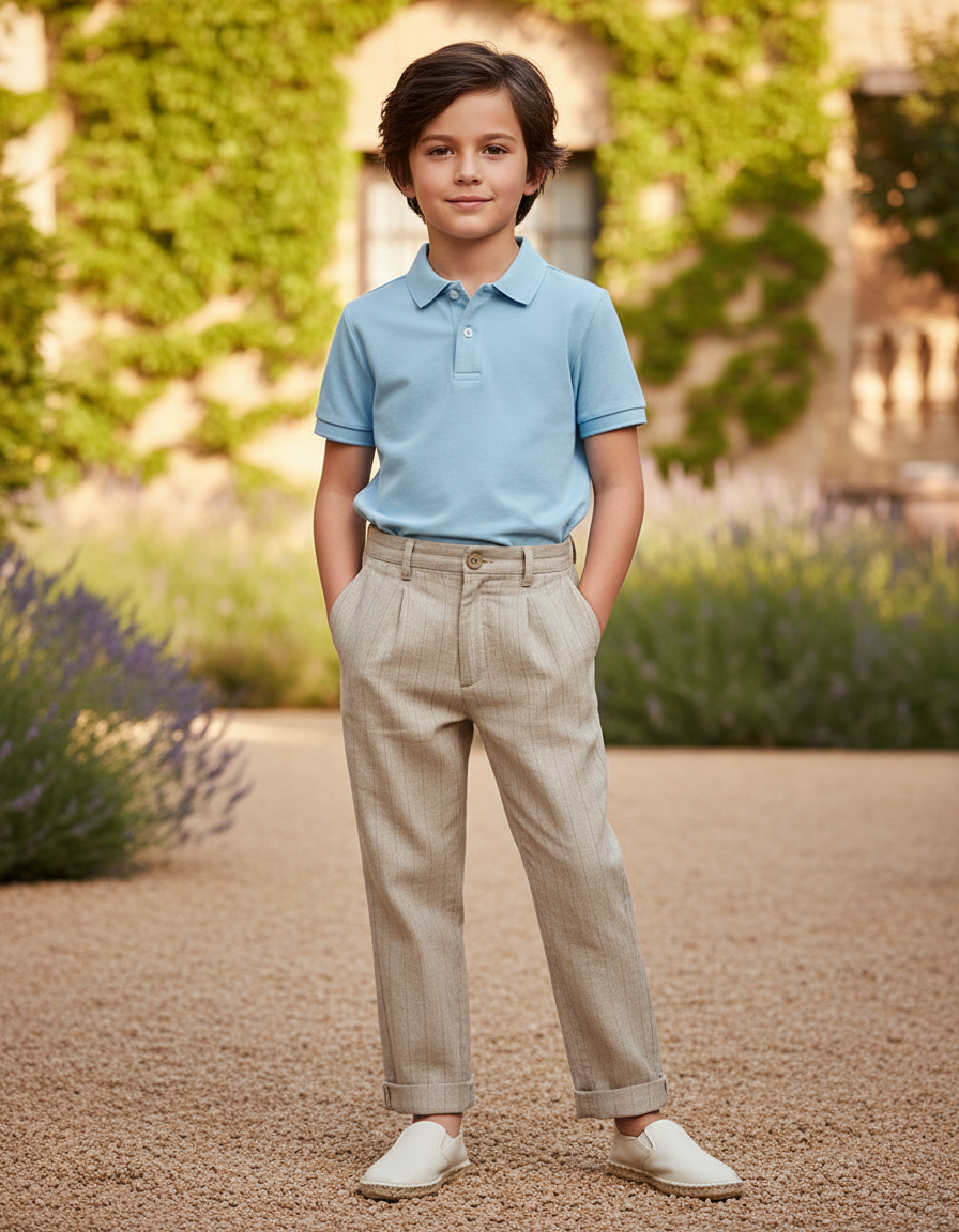 Pantalon En Lin Beige Rayé Élégant Garçon