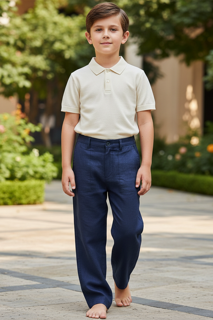 Pantalon En Lin Bleu Marine Ample Décontracté Garçon