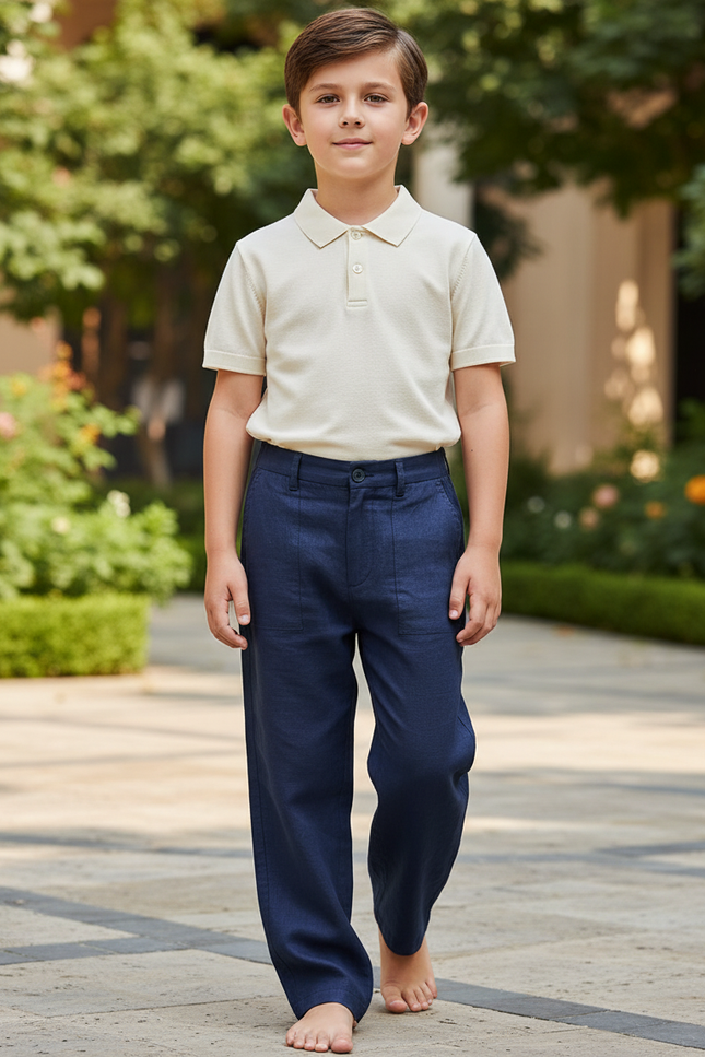 Pantalon En Lin Bleu Marine Ample Décontracté Garçon