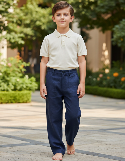 Pantalon En Lin Bleu Marine Ample Décontracté Garçon