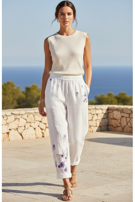 Pantalon En Lin Blanc Imprimé Papillons Ample Décontracté