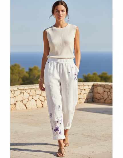 Pantalon En Lin Blanc Imprimé Papillons Ample Décontracté