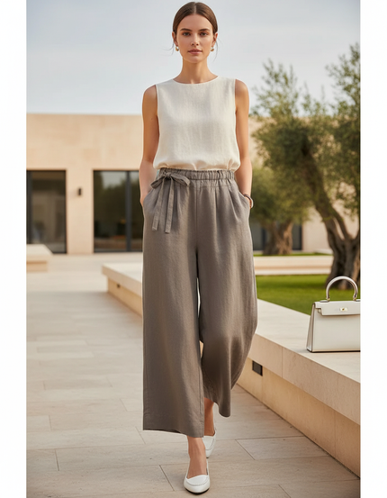 Pantalon En Lin Gris Large Fluide Décontracté Élégant - Kaki