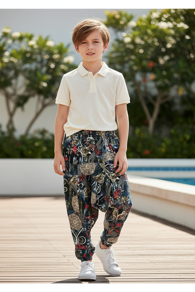 Pantalon En Lin Imprimé Harem Ample Garçon Décontracté - Multicolore