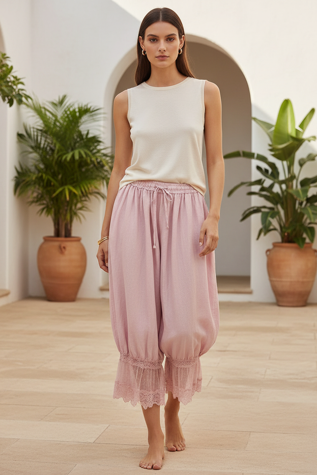 Pantalon En Lin Rose Ample Dentelle Cordon Femme