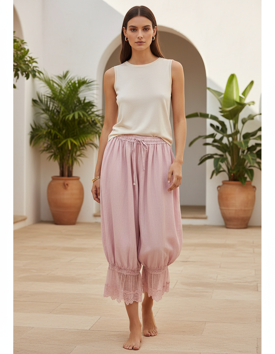 Pantalon En Lin Rose Ample Dentelle Cordon Femme