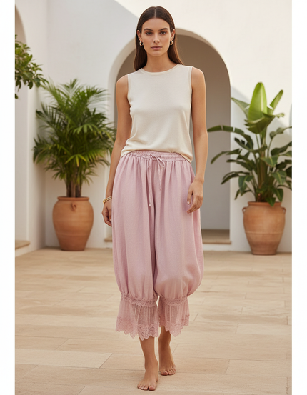 Pantalon En Lin Rose Ample Dentelle Cordon Femme