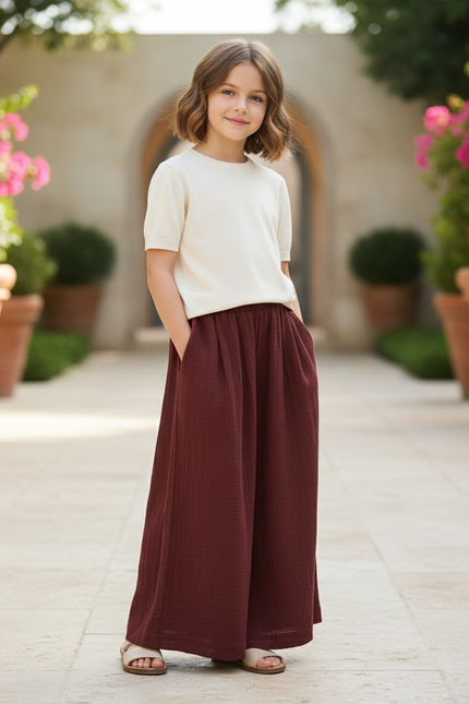 Pantalon En Lin Ample Marron Fluide Confortable Fille - Bordeaux