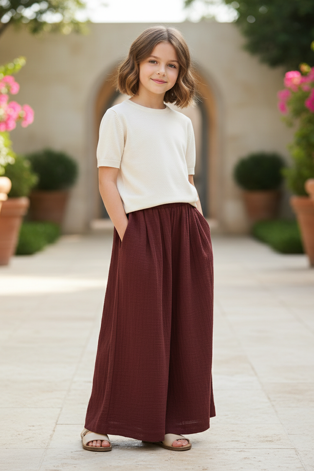 Pantalon En Lin Ample Marron Fluide Confortable Fille - Bordeaux