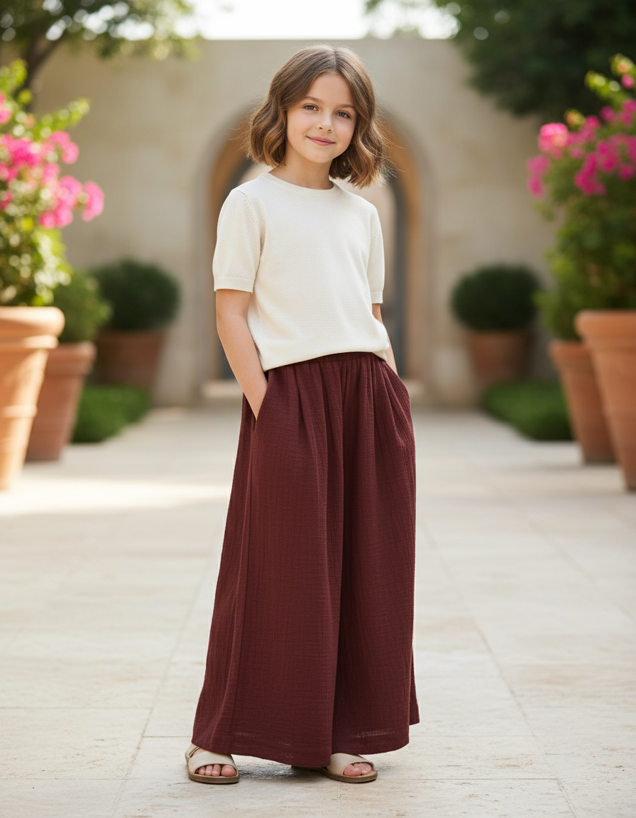Pantalon En Lin Ample Marron Fluide Confortable Fille - Bordeaux
