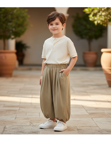 Pantalon En Lin Garçon Ample Kaki Confortable Plissé