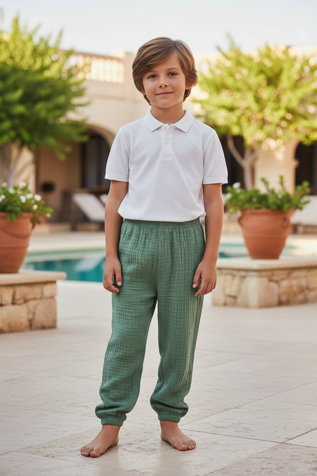Pantalon En Lin Vert Ample Plissé Respirant Enfant