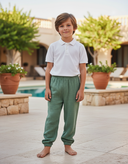Pantalon En Lin Vert Ample Plissé Respirant Enfant