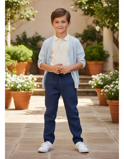 Pantalon En Lin Bleu Marine Décontracté Cordon Garçon