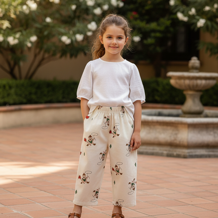 Pantalon En Lin Écru Ample Motifs Rigolos Enfant - Beige
