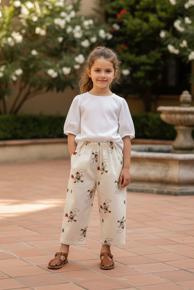 Pantalon En Lin Écru Ample Motifs Rigolos Enfant - Beige