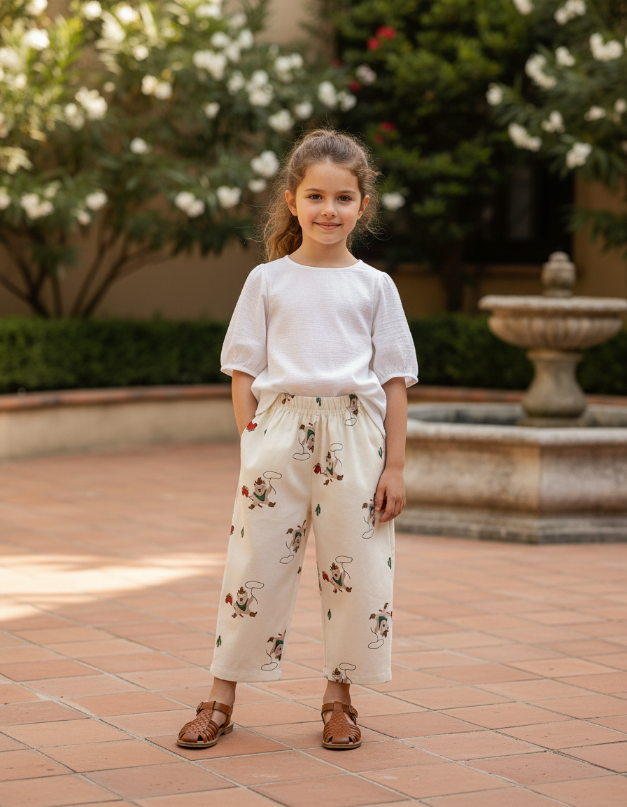 Pantalon En Lin Écru Ample Motifs Rigolos Enfant - Beige