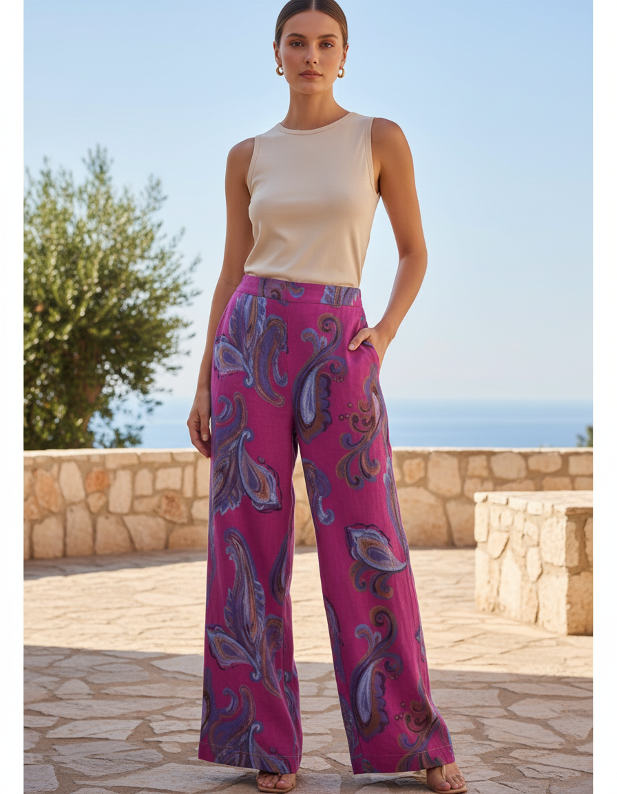 Pantalon En Lin Fuchsia Imprimé Paisley Ample Fluide