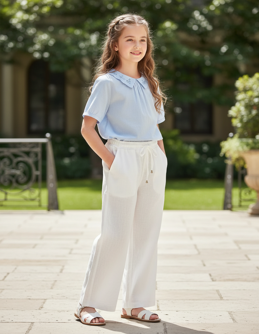 Pantalon En Lin Blanc Ample Décontracté Fille Cordon