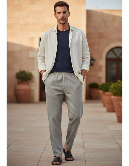 Pantalon En Lin Gris Homme Droit Décontracté Léger