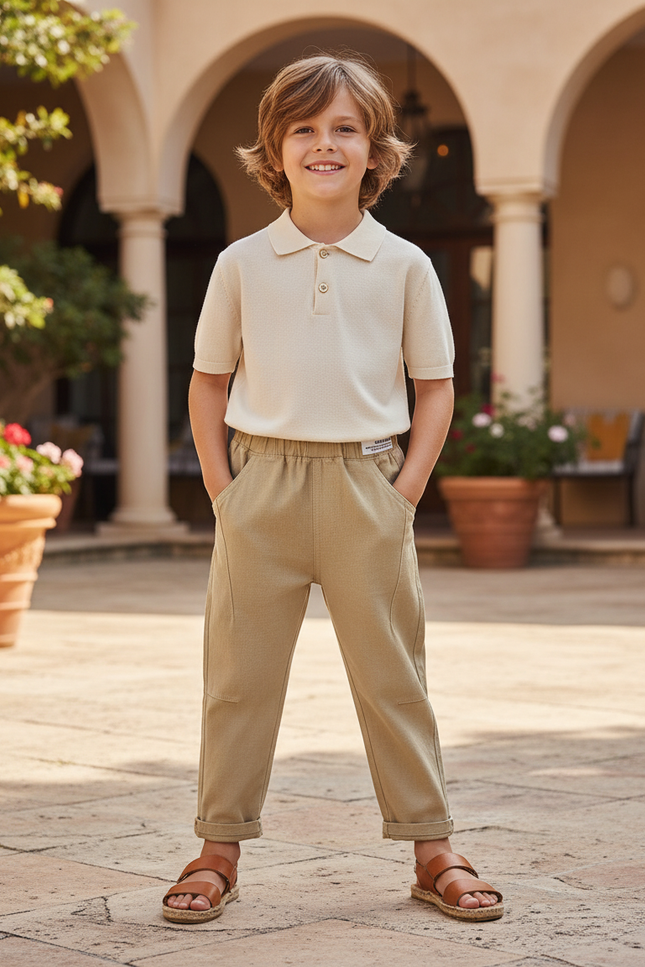 Pantalon En Lin Beige Ample Garçon Décontracté Coton - Molleton
