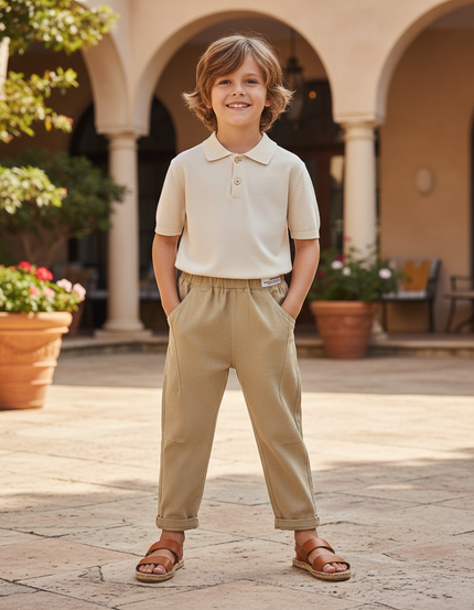 Pantalon En Lin Beige Ample Garçon Décontracté Coton - Molleton
