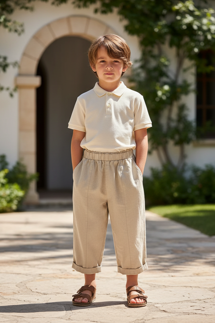 Pantalon En Lin Enfant Écru Coton Ample Décontracté - Beige