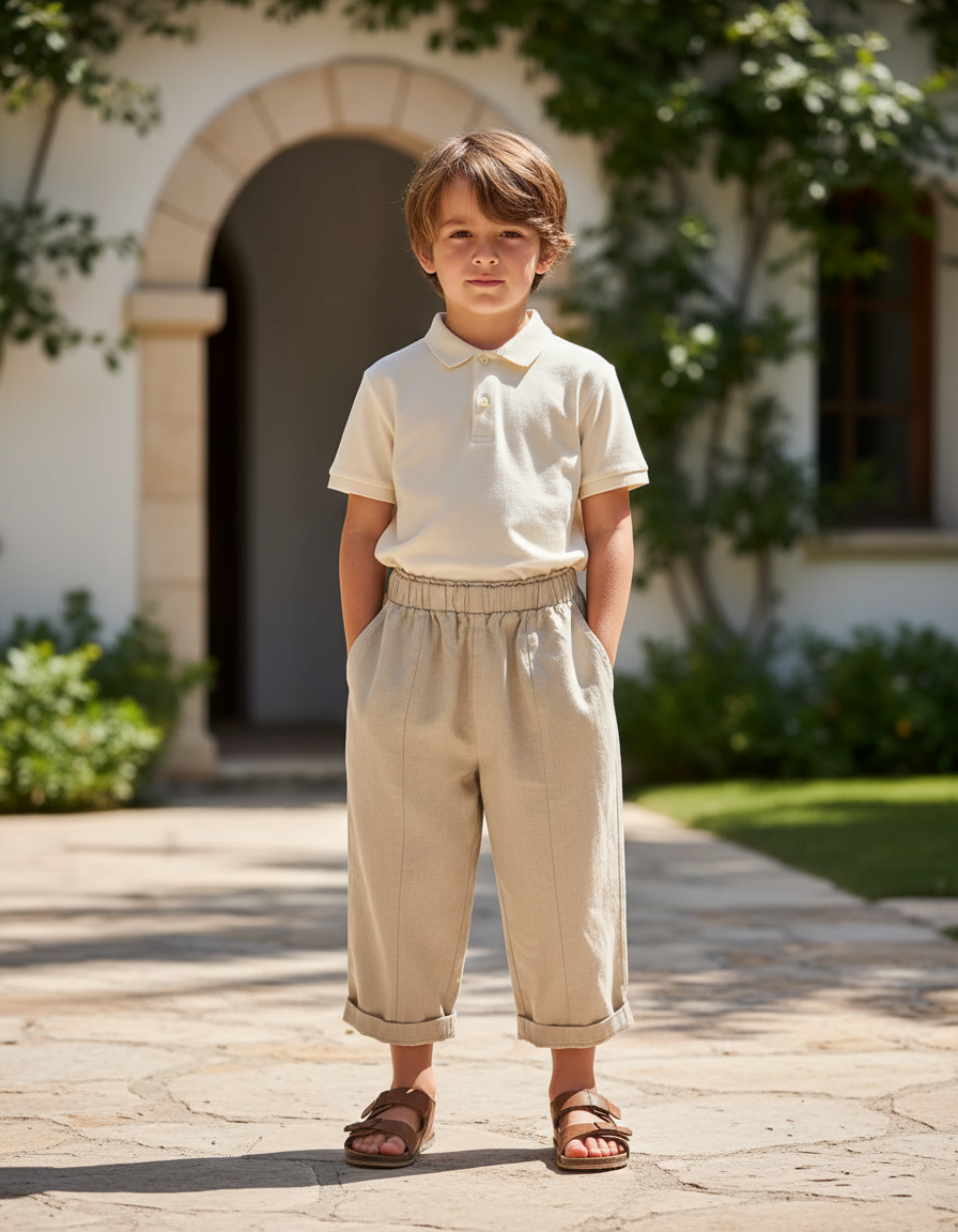 Pantalon En Lin Enfant Écru Coton Ample Décontracté - Beige