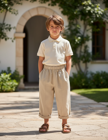 Pantalon En Lin Enfant Écru Coton Ample Décontracté - Beige