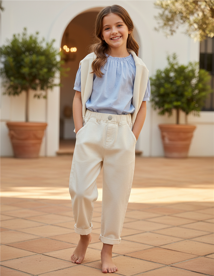Pantalon En Lin Enfant Ample Beige Décontracté Moderne