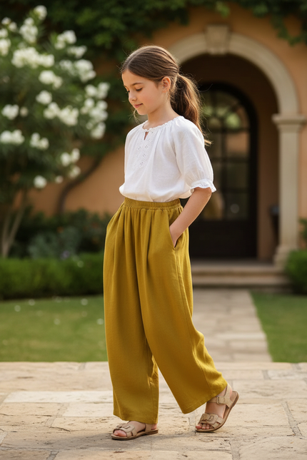 Pantalon En Lin Ample Moutarde Confortable Fille - Kaki