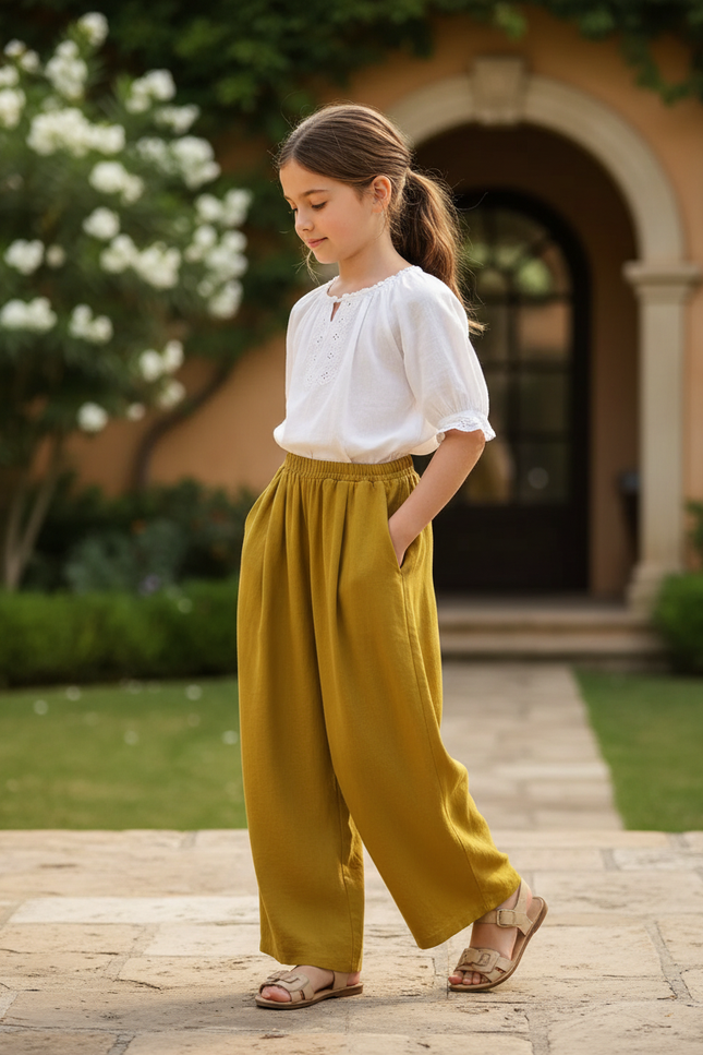 Pantalon En Lin Ample Moutarde Confortable Fille - Kaki