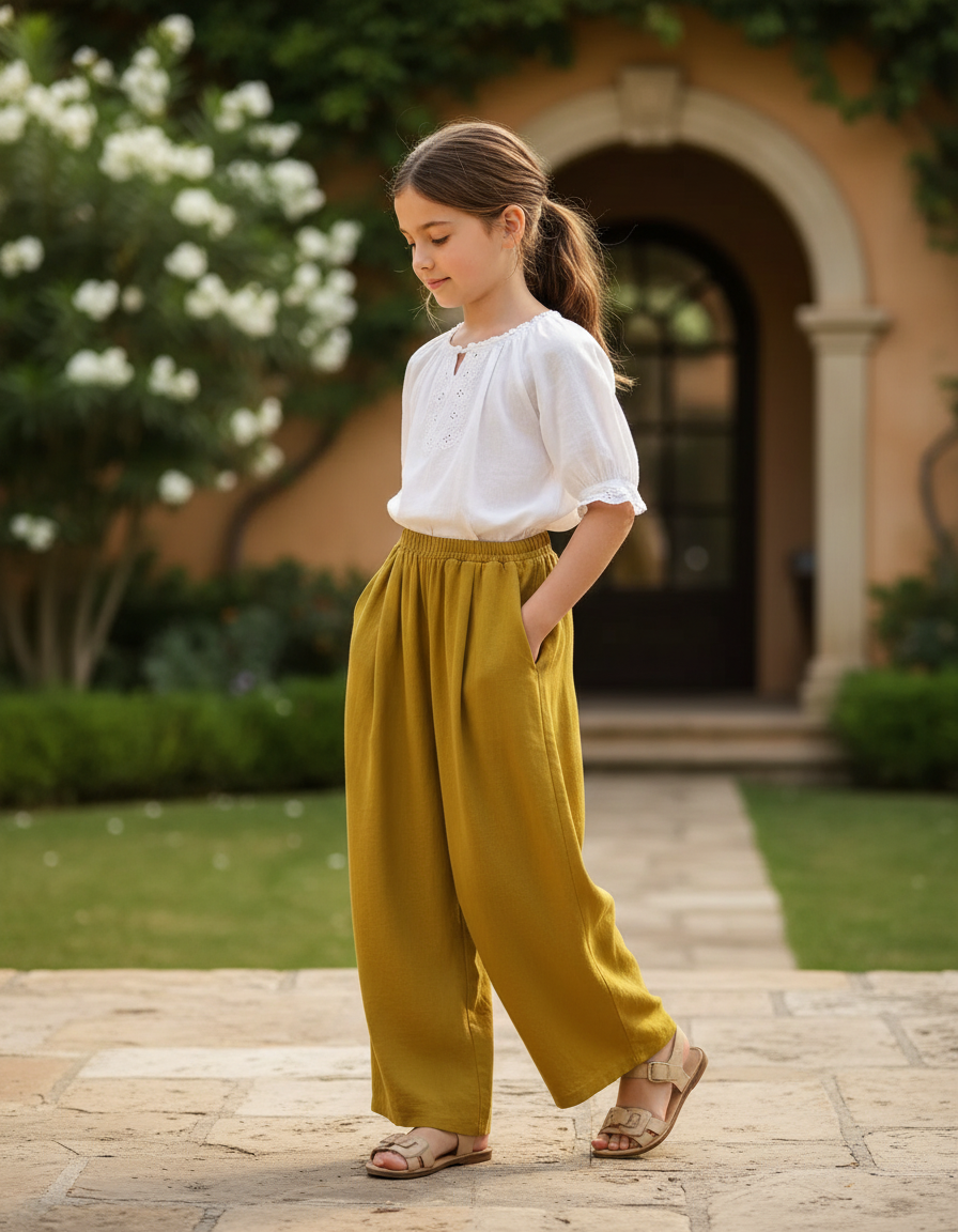 Pantalon En Lin Ample Moutarde Confortable Fille - Kaki