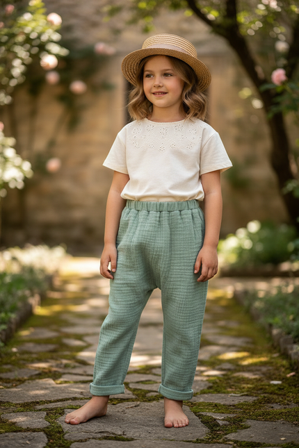 Pantalon En Lin Gaze Vert Ample Confortable Enfant