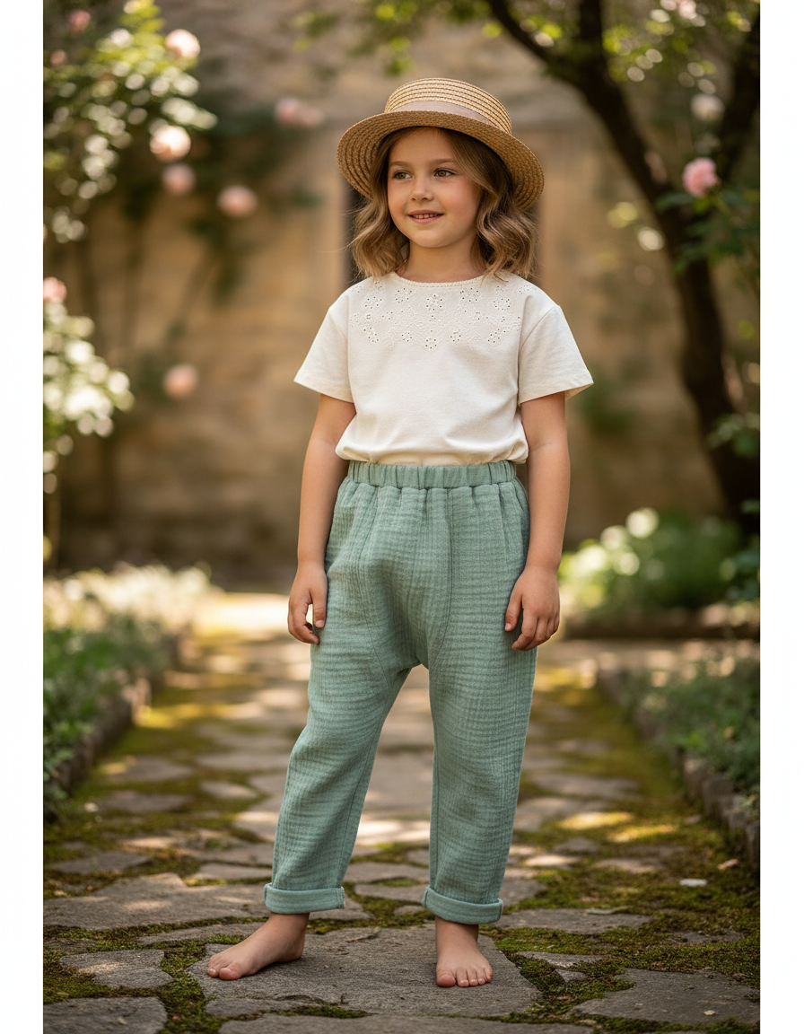 Pantalon En Lin Gaze Vert Ample Confortable Enfant