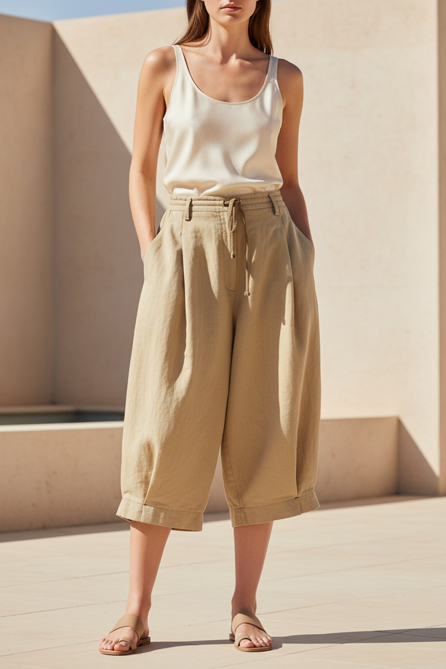 Pantalon En Lin Beige Ample Coton Fluide Décontracté