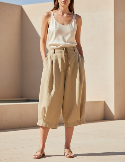 Pantalon En Lin Beige Ample Coton Fluide Décontracté