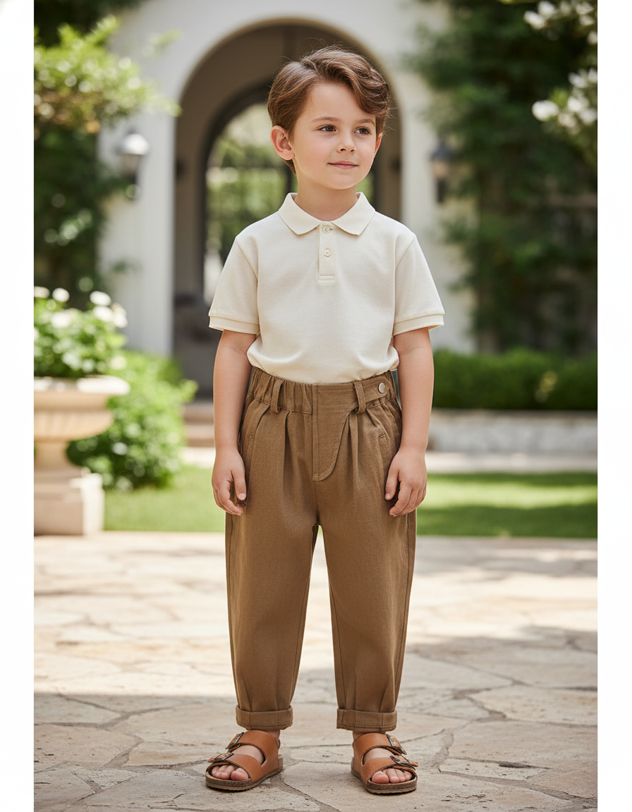 Pantalon En Lin Marron Ample Décontracté Enfant