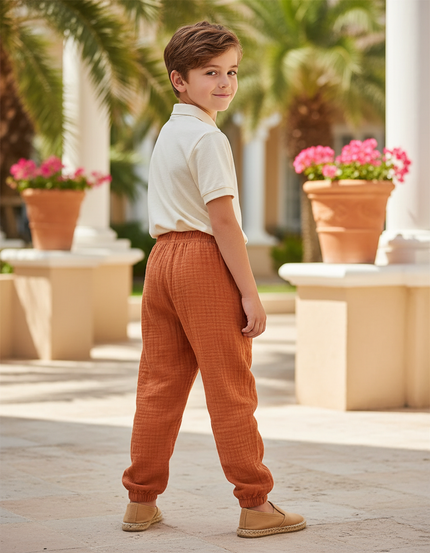 Pantalon En Lin Enfant Orange Plissé Ample Décontracté