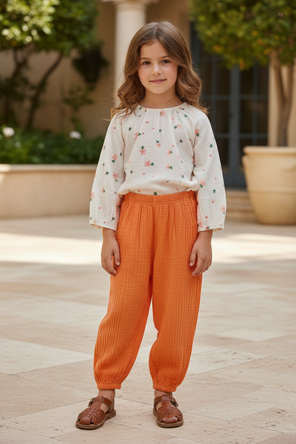 Pantalon En Lin Orange Ample Décontracté Enfant
