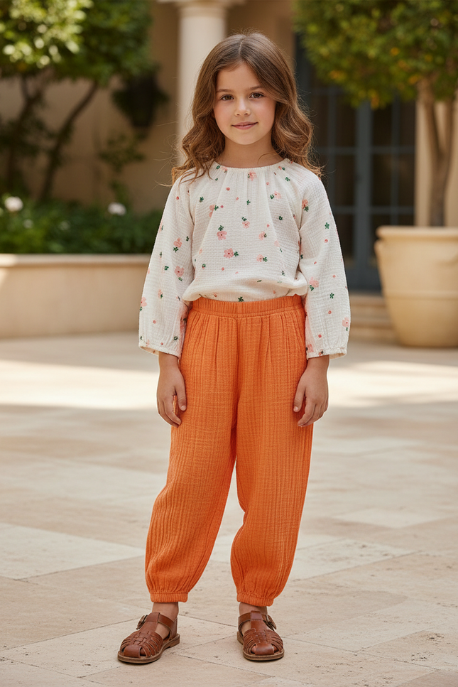 Pantalon En Lin Orange Ample Décontracté Enfant