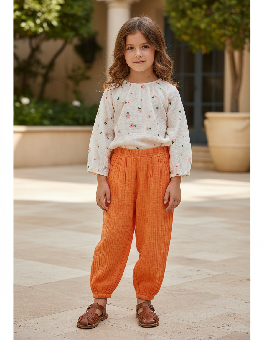 Pantalon En Lin Orange Ample Décontracté Enfant