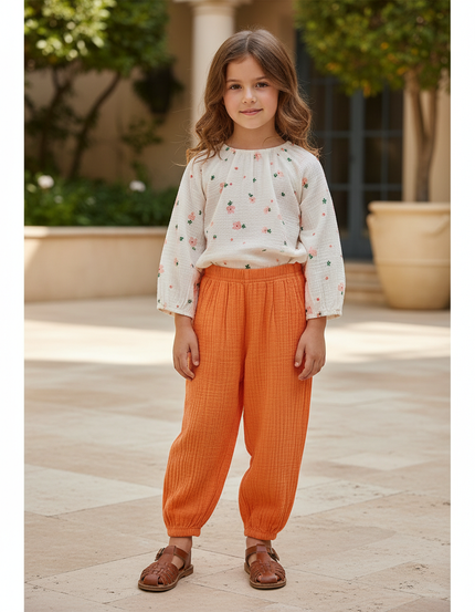Pantalon En Lin Orange Ample Décontracté Enfant