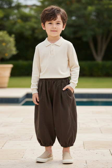 Pantalon En Lin Marron Ample Élastique Garçon Confortable