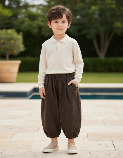 Pantalon En Lin Marron Ample Élastique Garçon Confortable