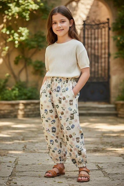 Pantalon En Lin Écru Imprimé Oursons Fleuri Ample